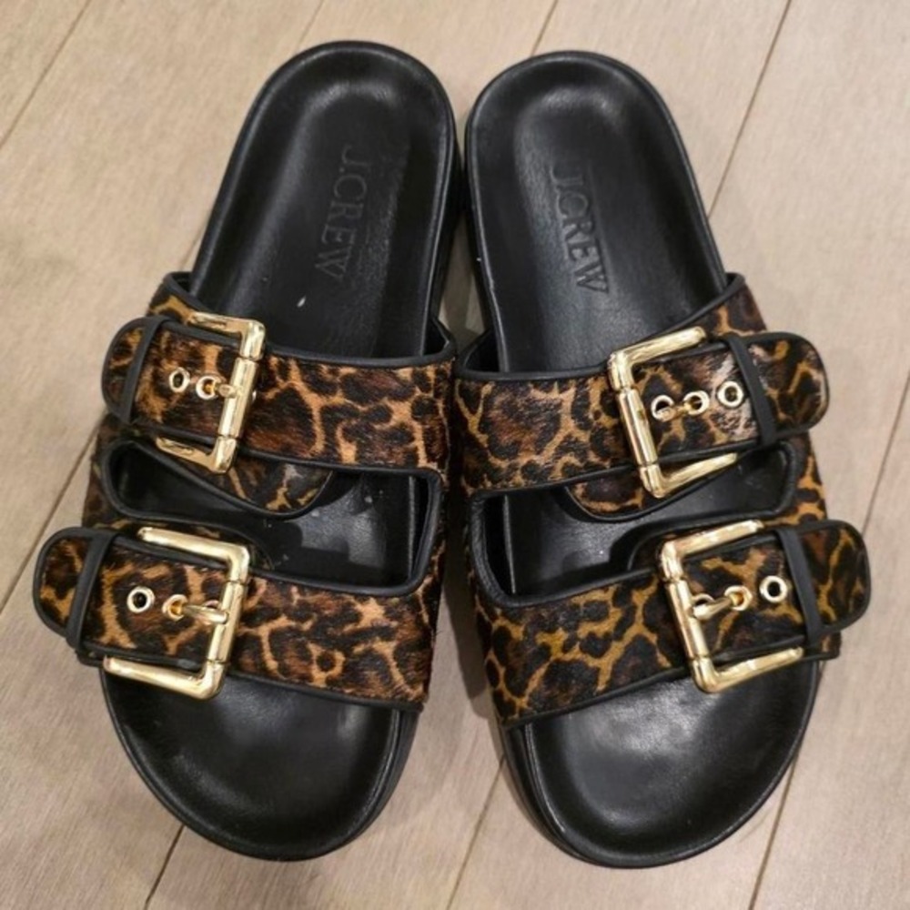 J.Crew Leopard Print Calf Hair Double Buckle Slide Sandals‎ Womens 7.5 Brown